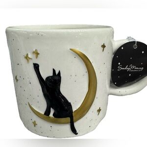 DOUBLED SIDED CELESTIAL HALLOWEEN COFFEE MUG W/BLACK CAT ON MOON & STARS NEW